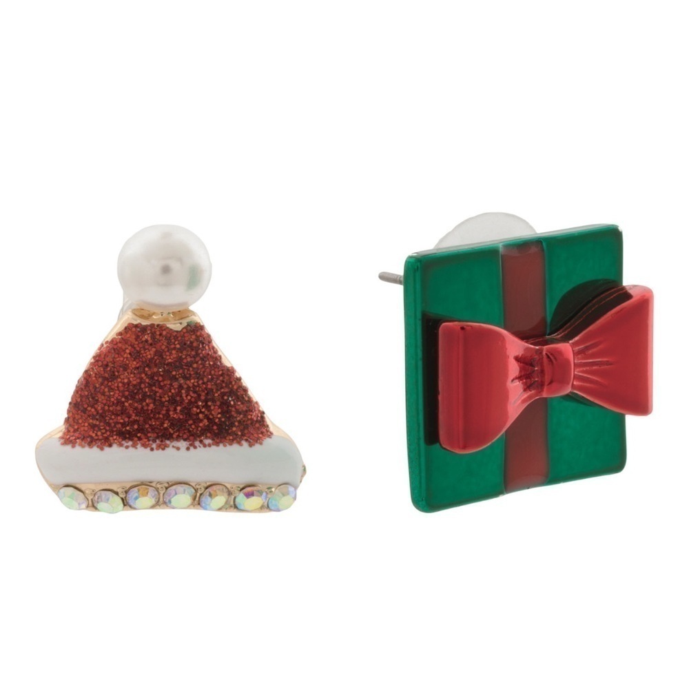 Betsey Johnson Present Santa Hat Mismatched Earring Studs Gold Tone NWT